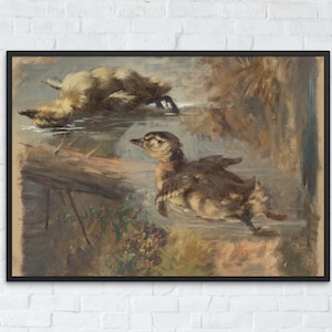 Vintage Duckling Printable, Spring Bird Nursery Wall Art, Farmhouse Decor, Baby Ducks in Water Print, Oil Painting Style, Instant Download