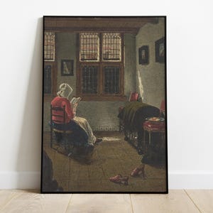 Woman Reading by the Window, Vintage Interior Scene, Moody Eclectic Wall Art, Victorian Style Printable Poster, Antique Digital Download