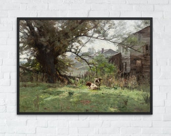 Old Barn Farm Animals Wall Art Print, Country Landscape Fine Art, Farmhouse Decor Prints, Printable Digital Download