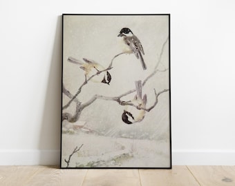 Meise Vögel Poster Vintage Winter Kunst, druckbare neutrale Schnee Wanddekoration, Wald Winter Druck, sofortiger digitaler Download