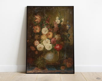 Moody Flowers Still Life Painting, Dark Floral Wall Art, Vintage Farmhouse Kitchen Decor, Printable Baroque Art Print, Digital Download