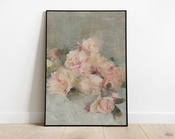 Vintage Rose Painting, French Antique Floral Wall Art, Shabby Chic Flower Print, Digital Download, Printable Rose Decor, Botanical Print