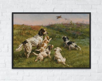 Arte vintage de perros para imprimir, pintura rústica campestre, arte de pared de setter inglés, decoración de granja, descarga digital instantánea de arte rústico de perros