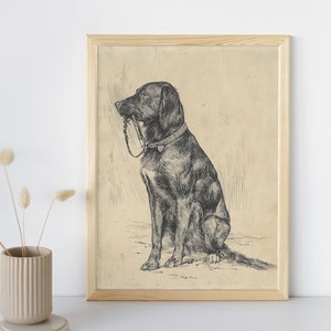 Vintage Black Labrador Painting, Printable Dog Wall Art Print, Antique Dog Sketch Prints, Farmhouse Animal Portrait Art, Digital Download