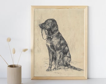 Vintage Black Labrador Painting, Printable Dog Wall Art Print, Antique Dog Sketch Prints, Farmhouse Animal Portrait Art, Digital Download
