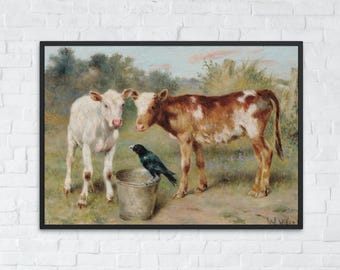 Vintage koe afdrukbare kunst, boerderij muur decor, land dieren kunst aan de muur, afdrukbare boerderij kunst, vintage boerderij decor, rustieke koe schilderij