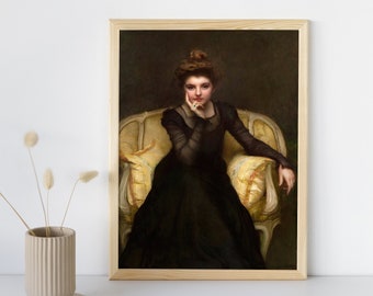 Puede incluir: Una pintura de una mujer con un vestido negro sentada en un sillón amarillo. Ella está mirando al espectador con una expresión pensativa. El fondo es de color marrón oscuro.
