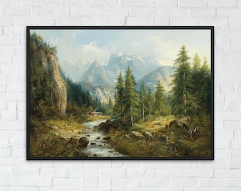 Mountain Landscape Wall Art Print, Rustic Country Forest Fine Art, Vintage and Antique Scenery Prints, Printable Digital Download