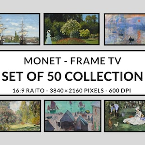 May include: A set of 50 digital art prints featuring paintings by Claude Monet. The prints are in a 16:9 ratio and are 3840 x 2160 pixels in size. The prints are 600 DPI. The text "MONET - FRAME TV SET OF 50 COLLECTION" is displayed in the center of the image.