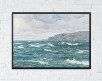 Vintage Coastal Seaside Printable Art, Moody Ocean Landscape, Beach House Wall Art, Digital Coastal Poster, Beach Painting, Ocean Print