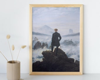 Zwerver boven de zee van mist schilderij, Caspar David Friedrich, afdrukbare muurkunst, beroemde portretprint, klassieke beeldende kunst Instant Download