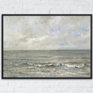 Stampa di paesaggi marini d&#39;epoca, arte oceanica neutra, arte murale costiera antica, stampa di dipinti a olio di paesaggi marini, decorazioni costiere digitali, arte di case sulla spiaggia