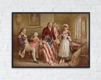 Vintage amerikansk flagga utskrivbar affisch, patriotisk amerikansk historia konst, 4 juli eller Memorial Day väggdekor, historisk digital nedladdning