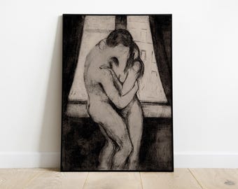 Romantic Love Wall Art, Vintage Couple Printable, The Kiss Digital Download, Hugging Couple Art Print, Kissing Lovers Artwork, Vintage Decor