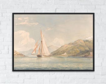 Vintage Sailboat Art, Nautical Coastal Wall Decor, Ocean and Sea Landscape, Beach Scene Painting, Digital Printable Poster Maritime Wall Art