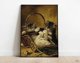 Kittens Vintage Printable Poster, Antique Oil Painting, Cat Portrait Print, Funny Animal Wall Art, Kids Room Decor, Digital Download
