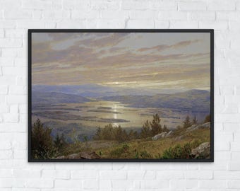 Stampa di paesaggio montano vintage, dipinto di lago antico, arte murale francese stampabile, poster digitale di paesaggio montano, download immediato