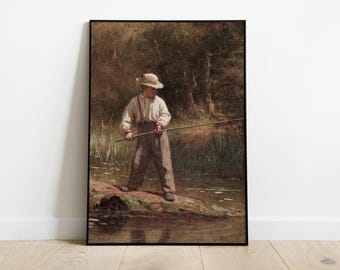 Arte imprimible vintage de niño pescando, impresión de pintura antigua, tema de cabaña, arte de guardería para niños pescadores, decoración de pared de casa del lago, descarga digital