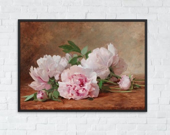 Pink Peonies Wall Art Print, Antique Flower Still Life Fine Art, Vintage Peonies Prints, Printable Digital Download