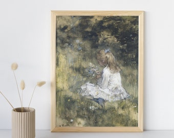 Vintage Girl Picking Flowers Painting, Printable Fine Wall Art, Watercolor Print, Retro Little Girls Room Nursery Decor, Instant Download
