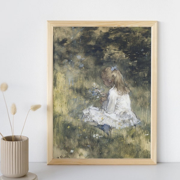 Vintage Girl Picking Flowers Painting, Printable Fine Wall Art, Watercolor Print, Retro Little Girls Room Nursery Decor, Instant Download