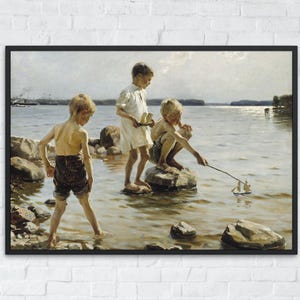 Decorazione vintage per la cameretta dei ragazzi, stampa di fratelli che giocano, arte murale rustica per la cameretta dei bambini in spiaggia, cameretta per bambini in stile costiero, scena di gioco estiva, download stampabile