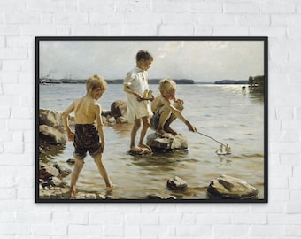 Vintage Boys Room Decor, Brothers Playing Print, Rustic Beach Nursery Wall Art, Coastal Kids Room, Summer Play Scene, Printable Download