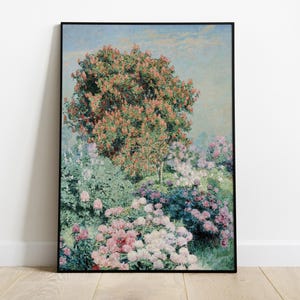 Antique French Country Garden Painting, Vintage Cottage Floral Landscape, Spring Rose Garden Wall Art, Digital Download Printable Flower Art