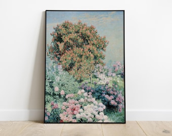 フランスの田舎のコテージの風景、花の庭の絵画 | フランスの