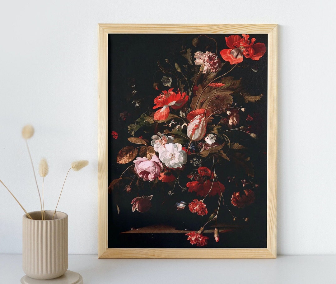 Antique Flower Painting, Printable Wall Art, Moody Vintage Dark Floral ...