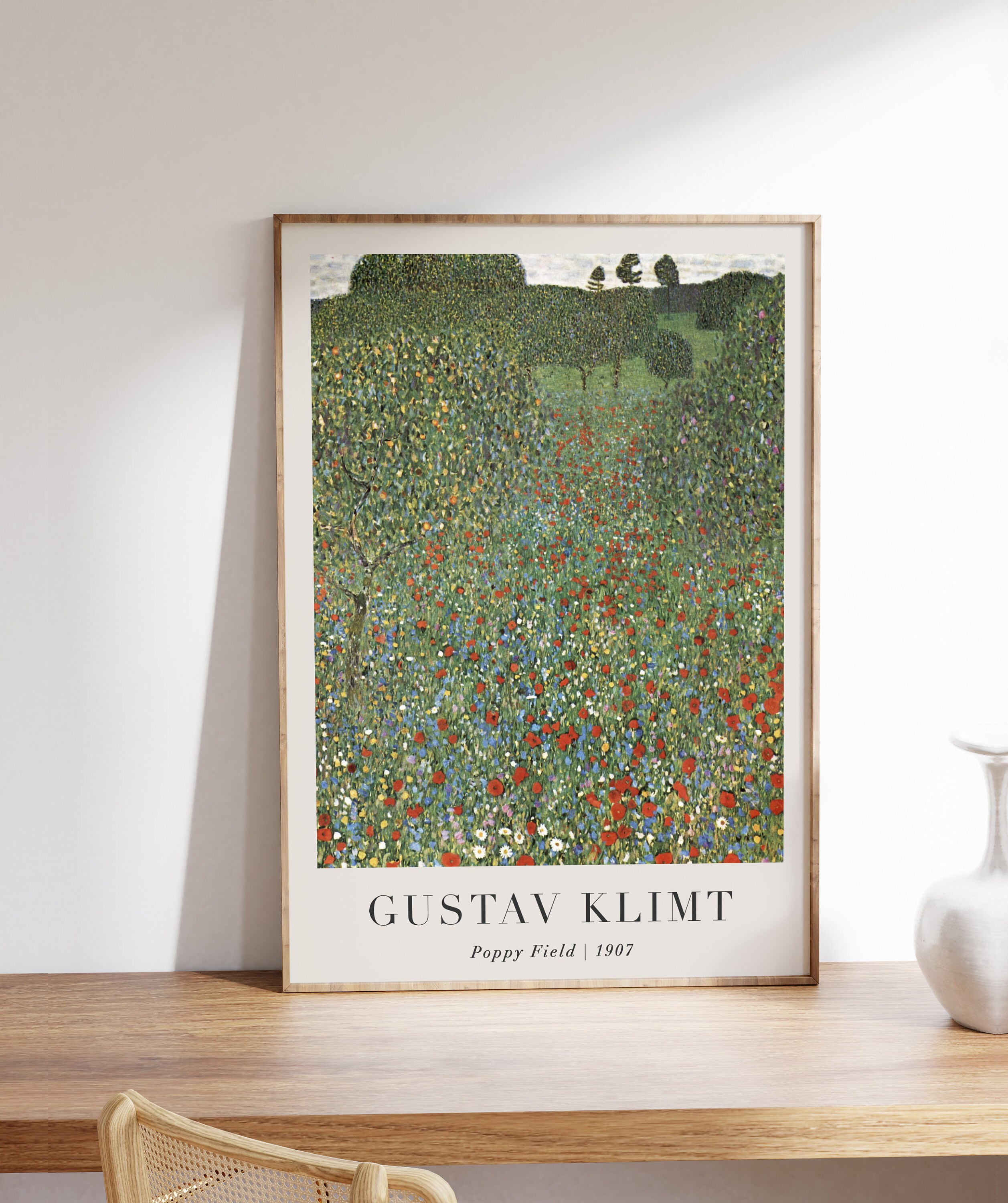 グスタフ・クリムトの「ポピー畑の絵画」と文字入り、印刷可能な壁飾り