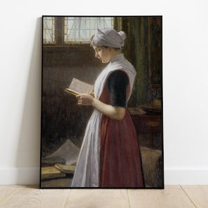 Frau liest im sonnendurchfluteten Raum, klassische literarische Kunst Druck, Vintage Häusliche Szene, rustikale Wanddekoration, druckbare Antiquität, digitaler Download