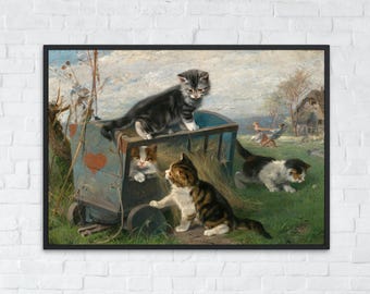 Kittens Vintage Printable Poster, Antique Oil Painting, Cat Portrait Art Print, Funny Animal Wall Decor, Kids Room Ideas, Digital Download
