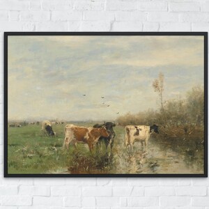 Vintage Cow Art Printable, Grazing Cattle Digital Poster, Antique Farm Painting Print, Farmhouse Wall Art, Rustic Decor, Country Home Gift
