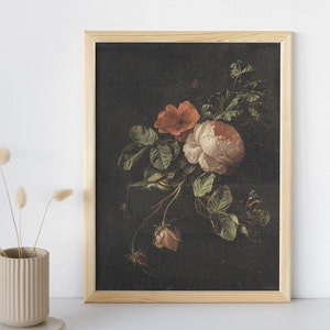 Vintage Still Life with Roses Painting, Printable Dark Academia Botanical Floral Art Print, Moody Antique Flower Prints, Digital Download