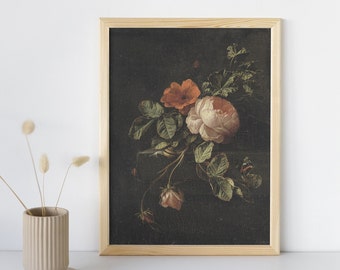 Natureza-morta vintage com rosas, impressão digital de arte botânica floral estilo Dark Academia, estampas de flores antigas e melancólicas, download digital.