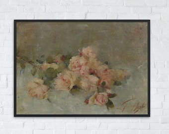 Vintage Blush Pink Roses and Peonies Wall Art Print, Classic Farmhouse Fine Art Decor Botanical Floral Art Prints Printable Digital Download