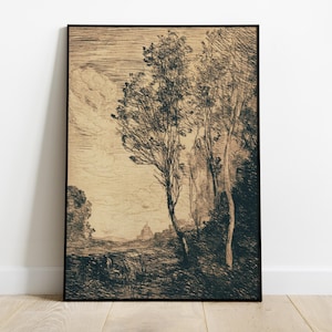 Vintage Landscape Sketch, Printable Moody Country Farmhouse Art, Antique Digital Wall Decor Download