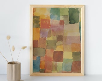 May include: A framed abstract watercolor painting with a geometric pattern of squares and rectangles in shades of brown, yellow, green, and pink.