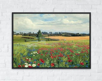 ポピー畑の絵画ヴィンテージ、アンティークカントリー風景画、野生の花
