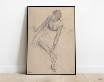 Könnte beinhalten: Eine Schwarzweiß-Bleistiftzeichnung einer Ballerina in einem Tutu, die ihren Schuh anpasst. Die Zeichnung ist in einem schwarzen Rahmen gerahmt.