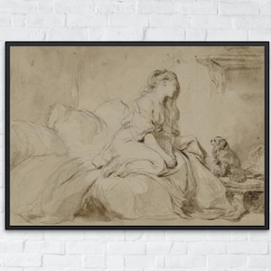 Antique Sepia Watercolor Sketch, Lady with Dog Art Print, 18th Century Vintage Drawing, Printable Wall Art, Digital Download Poster