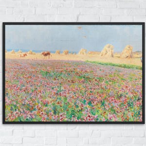 French Country Meadow Landscape, Cottage Flower Garden Painting, Wildflowers Art Print, Farmhouse Wall Decor, Digital Printable Poster