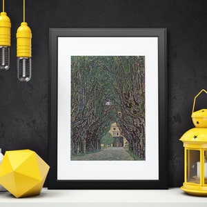 May include: A framed print of a painting depicting a tree-lined path leading to a building. The trees are green and the path is light gray. The building is white with a brown roof.