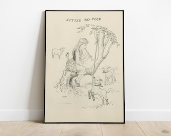 Vintage Little Bo Peep Printable, Nursery Rhyme Wall Decor, Minimalist Nursery Print, Girls Room Wall Art, Digital Children's Illustration