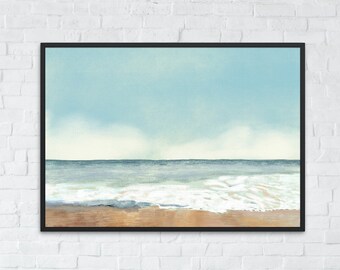Vintage Küstenmalerei Wandkunst, sanfte neutrale Strandlandschaft Fine Art Print, druckbare Meersanddrucke digitaler Download