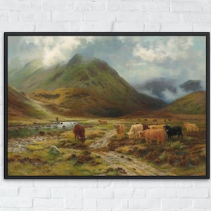 Highland Cow Printable Wall Art, Vintage Scotland Landscape Oil Painting, Digital Download, Scottish Highlands Art Print, Printable Cow Art