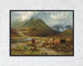May include: A painting of a Scottish Highlands landscape with a herd of Highland cattle grazing in a field. The sky is cloudy and the mountains are green and brown. There is a small stream in the foreground.