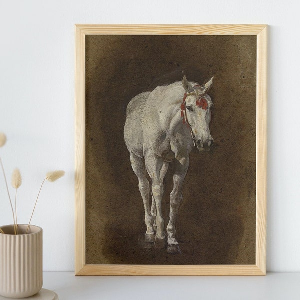 Vintage Horse Painting, Farm Animal Printable Wall Art, Antique White Horse Poster, Fine Art, Moody Home Decor Print, Instant Download