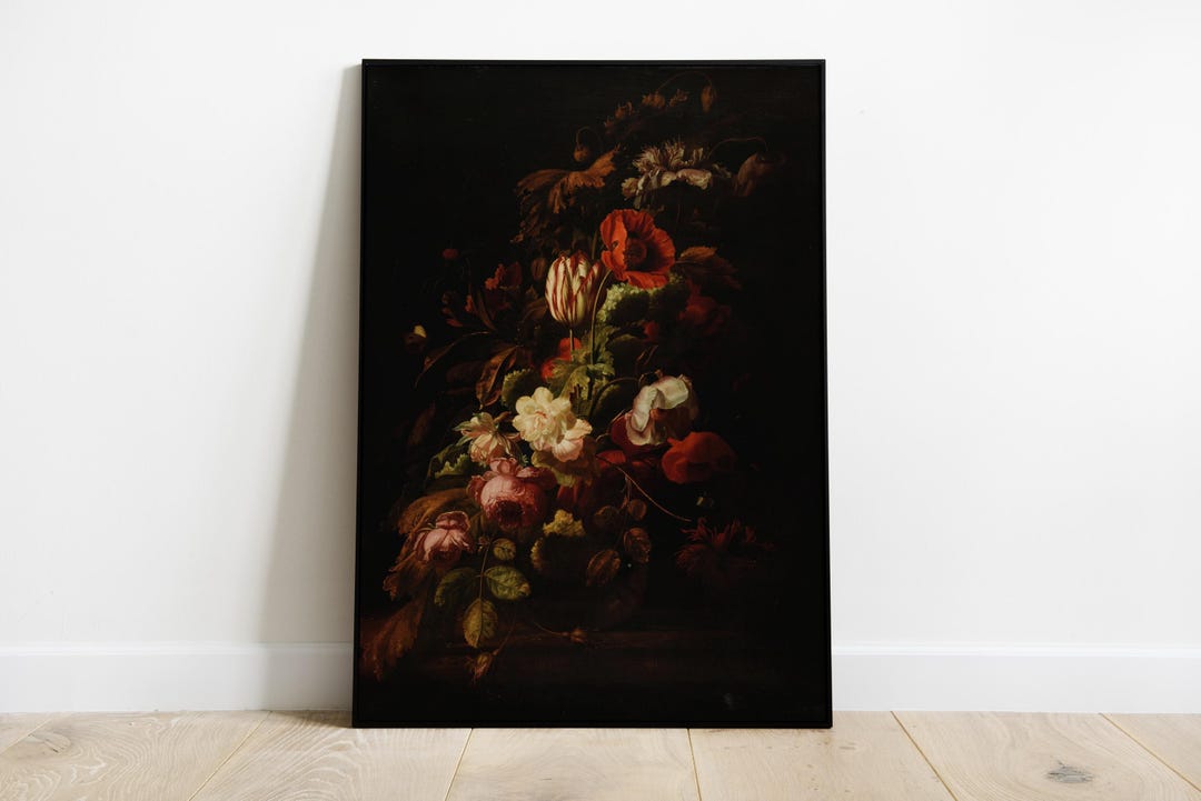 Vintage Dark Floral Oil Painting, Antique Bouquet De Fleurs Wall Art ...